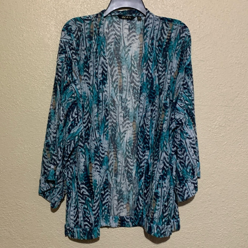 Iman Open Cardigan XL Stretchy Chevron Knit  Blue White Black 3/4 Wide Sleeve